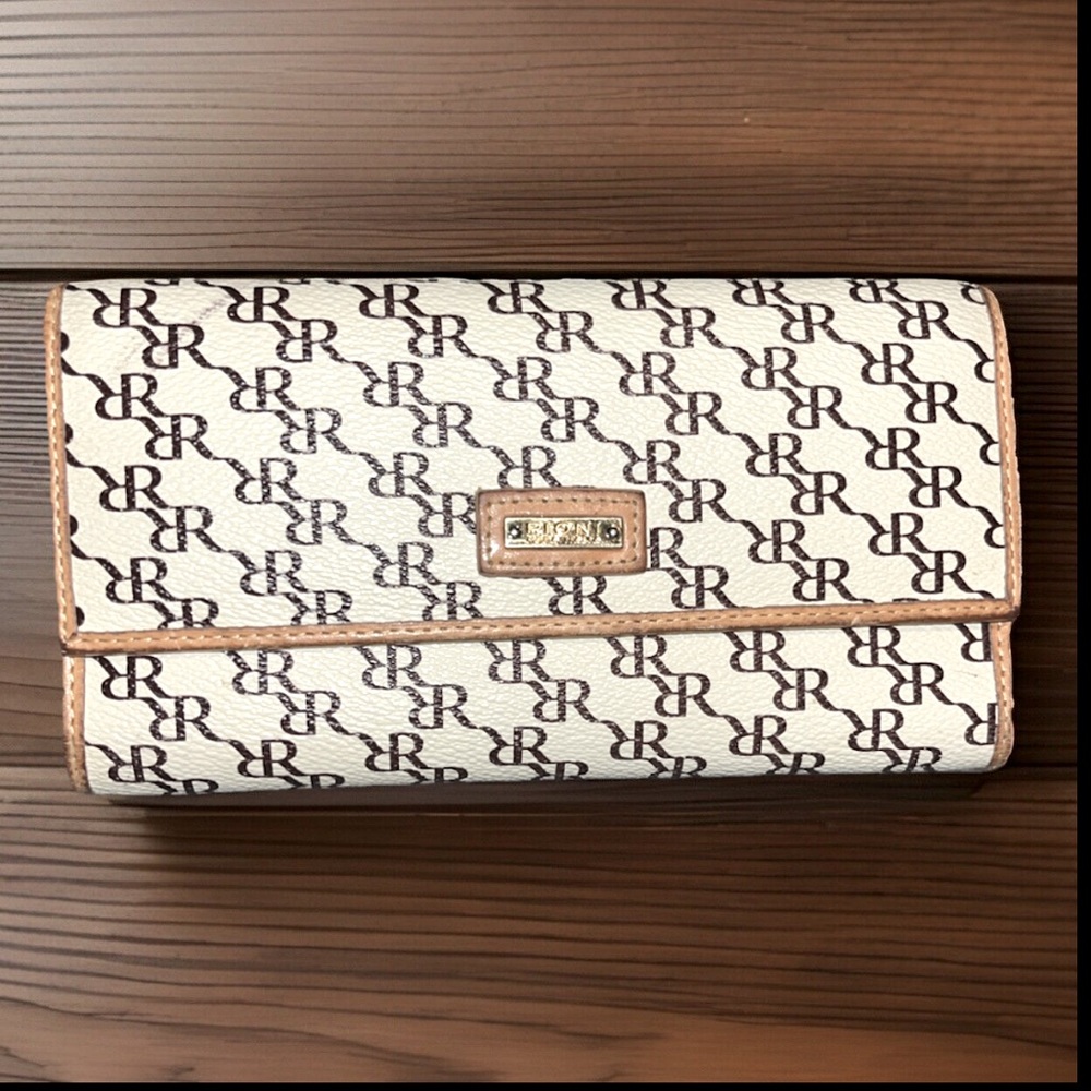 RIONI beige/brown monogram long trifold leather wallet